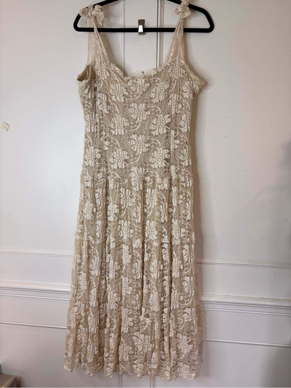 Linda lundstrom Neutral Lace Midi Dress with Floral Overlay